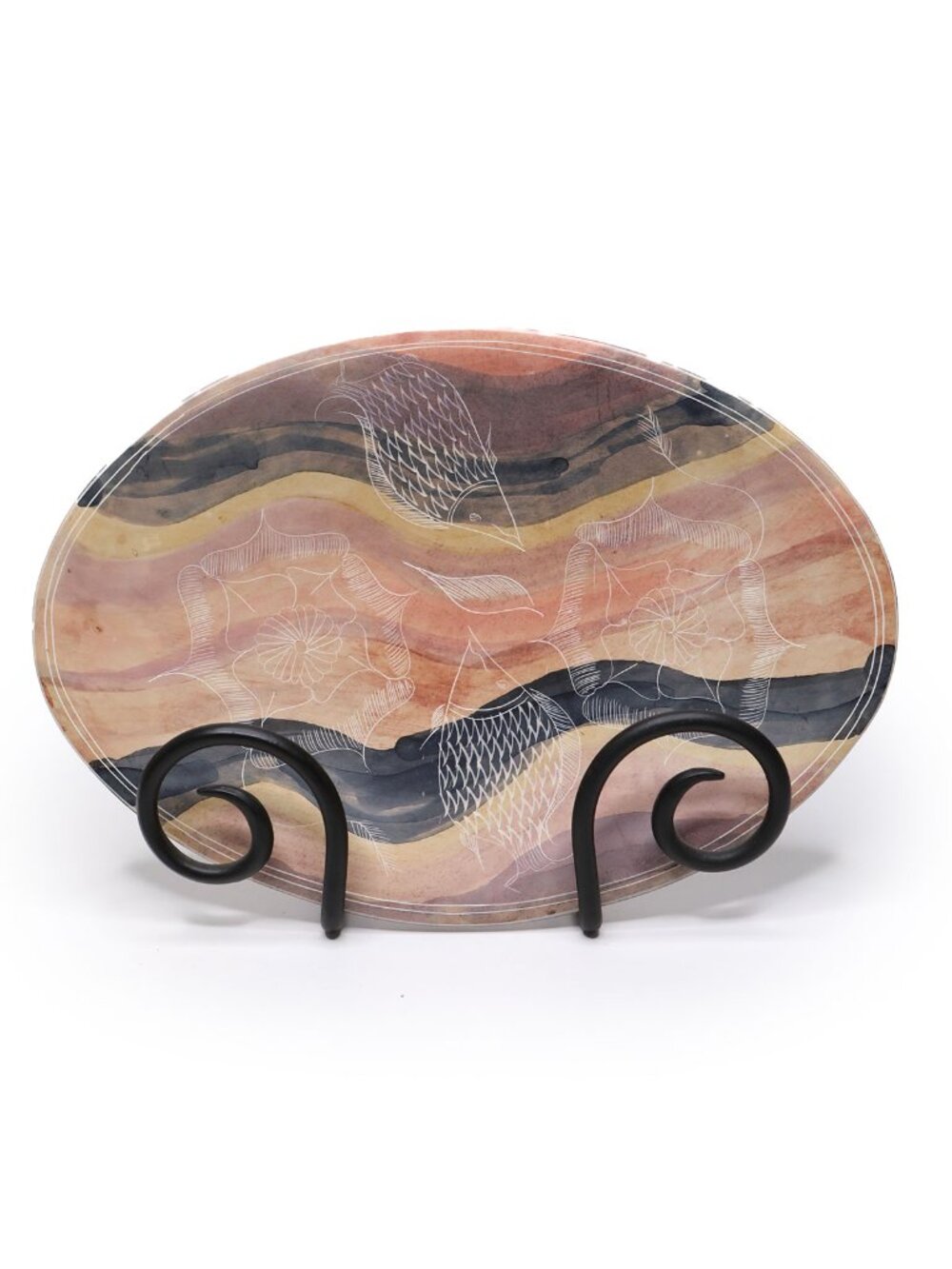 Hand Carved Etched Soapstone Decorative Plate Oval Fish Floral Art Decor